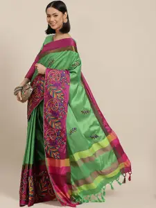 SERONA FABRICS Green & Pink Floral Embroidered Saree
