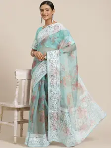 SERONA FABRICS Turquoise Blue Floral Embroidered Organza Saree