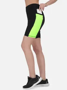 IMPERATIVE Women Black & Fluorescent Green Slim Fit Cycling Biker Shorts