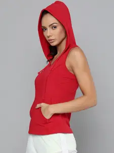 Fitkin Women Red Oversized Training or Gym Hooded T-shirt