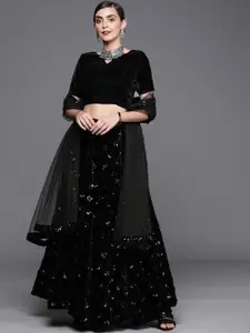 Mitera Women Black Embroidered Sequinned Unstitched Lehenga with Blouse & Dupatta