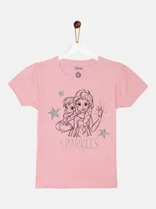 YK Disney Girls Pink Elsa & Anna Glitter Printed Puff Sleeve Cotton T-shirt