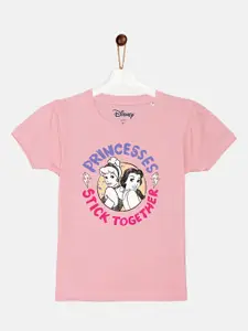 YK Disney Girls Pink Disney Princess Printed Puff Sleeve Cotton T-shirt