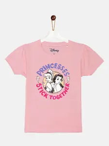 YK Disney Girls Pink Disney Princess Cinderella and Bella Printed Puff Sleeves T-shirt