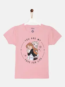 YK Disney Girls Pink Disney Elsa and Anna Typography Printed Puff Sleeve Cotton T-shirt