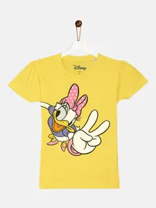 YK Disney Girls Yellow Daisy Duck Printed Puff Sleeve Cotton T-shirt