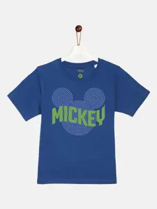YK Disney Boys Blue Mickey Mouse Printed Regular Fit Cotton T-shirt
