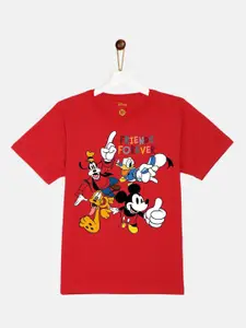 YK Disney Boys Red Mickey & Friends Printed Regular Fit Cotton T-shirt