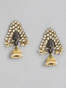 AccessHer Gold-Plated & White Antique Peacock Shaped Jhumkas