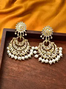 Fida Women Gold-Plated White Kundan Studded Bangles & Pearl Drop Chandbali Earrings Set