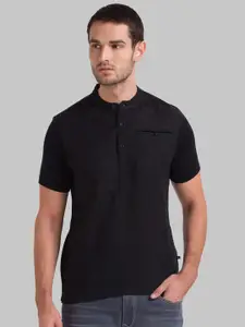Parx Men Black Solid Henley Neck Linen T-shirt