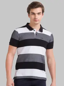 Parx Men Black & Grey Striped Polo Collar T-shirt