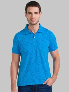 Parx Men Blue Floral Printed Polo Collar Regular Fit Cotton T-shirt