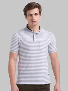 Parx Men Grey Striped Polo Collar T-shirt