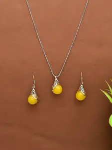 Silvermerc Designs Women Silver Plated Yellow Stone Pendant Jewellery Set