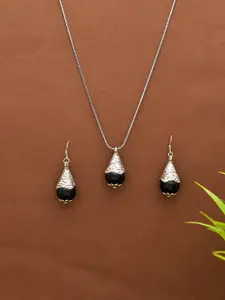 Silvermerc Designs Silver-Plated & Black Stone Pendant With Earrings