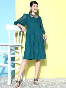 Anouk Teal Green Solid A-Line Dress