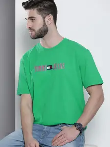 Tommy Hilfiger Men Green Brand Logo Printed Pure Cotton T-shirt