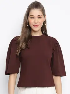 Mayra Brown Solid High Neck Puff Sleeves Top