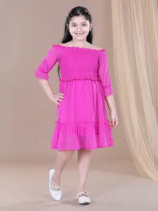 StyleStone Girls Pink Off-Shoulder Smocked Self Design Dress