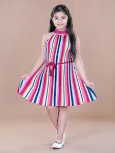 StyleStone Pink & Blue Striped Halter Neck Crepe A-Line Dress