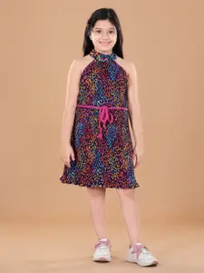 StyleStone Girls Brown & Blue Printed Belted Choker Neck Crepe A-Line Dress