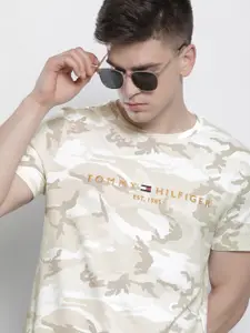 Tommy Hilfiger Men White & Olive Green Camouflage Printed Pure Organic Cotton T-shirt