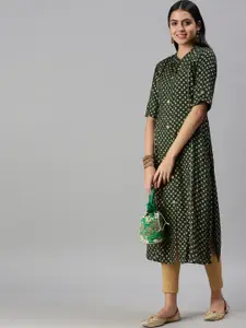 SHOWOFF Women Green Geometric Foil Printed Cotton Straight Kurta