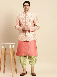 KISAH Men Peach-Coloured & Lime Green Kurta And Dhoti Pants With Bandhgala Jacket