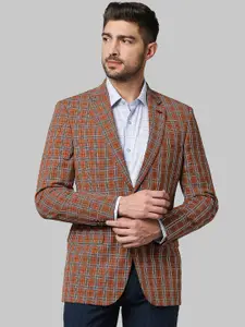 Raymond Men Orange & Grey Checked Slim-Fit Single Breasted Formal Blazer