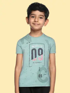 Monte Carlo Boys Sage Green & Black Typography Printed Pure Cotton T-shirt