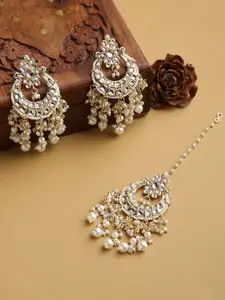 justpeachy Gold-Plated White Pearls-Studded & Beaded Maangtikaa & Earrings Set
