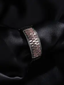 justpeachy Women Black & Gold-Toned Brass American Diamond Handcrafted Bangle-Style Bracelet