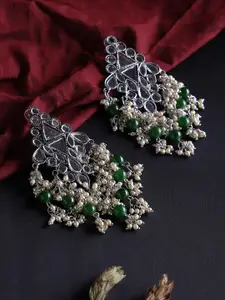 justpeachy Silver-Plated Green & White Mirror Drop Earrings