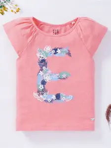 Ed-a-Mamma Girls Pink & Blue Floral Printed Puff Sleeves T-shirt