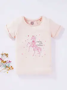 Ed-a-Mamma Girls Beige Floral Printed Cotton T-shirt