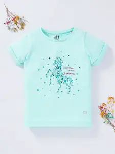 Ed-a-Mamma Girls Turquoise Blue Printed Cotton T-shirt