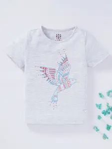 Ed-a-Mamma Girls White Bird Printed Cotton T-shirt