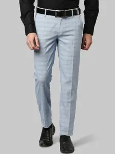 Raymond Men Blue Checked Slim Fit Formal Cotton Trousers