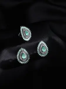 justpeachy Women Silver-Plated Green AD Studded Earrings & Finger Ring