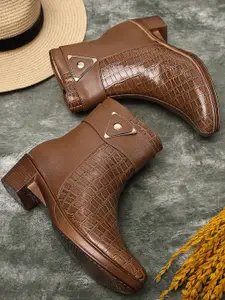 TRASE Brown Textured Block Heeled Boots with Buckles