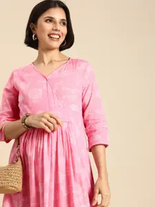 Anouk Women Pink & White Abstract Print Pure Cotton Casual Midi Dress