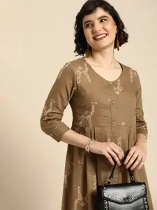 Anouk Women Brown Printed Fit And Flare Casual Midi Dress