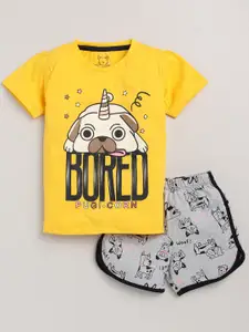 Lazy Shark Girls Yellow & Grey Printed T-shirt with Shorts