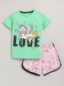 Lazy Shark Girls Green & Pink Printed T-shirt with Shorts