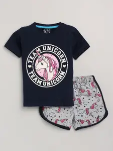 Lazy Shark Girls Blue & Grey Printed T-shirt with Shorts