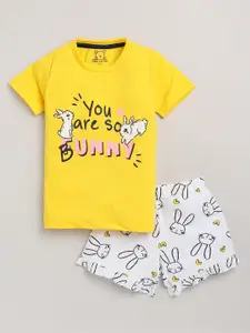 Lazy Shark Girls Yellow & White Printed T-shirt with Shorts
