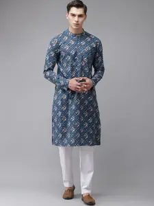 See Designs Men Blue Geometric Printed Handloom Pure Cotton Kurta