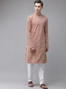 See Designs Men Beige & Red Geometric Printed Handloom Kurta