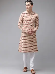 See Designs Men Beige & Red Ethnic Motifs Printed Handloom Kurta